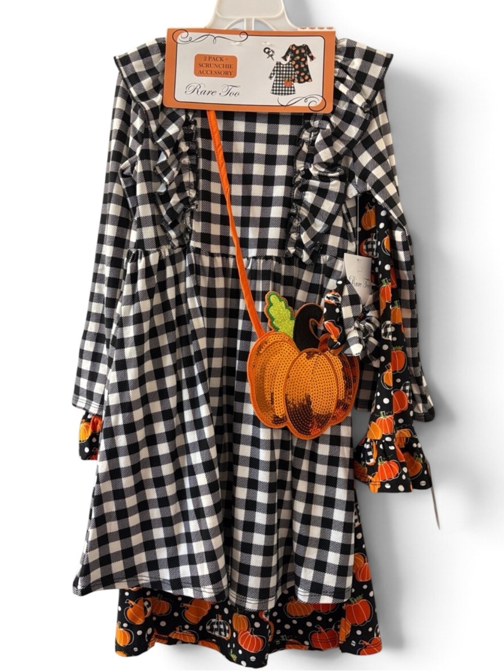 Rare Too 5 Pc Set 2 Fall Dresses Scrunchies Gold Sequin Pumpkin Bag NWT Size 6